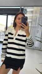 Beyaz Siyah Çizgili Kazak