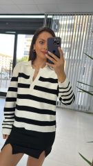 Beyaz Siyah Çizgili Kazak