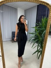 My 3582 Omuz Vatkalı Siyah Bağlamalı Elbise