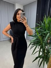 My 3582 Omuz Vatkalı Siyah Bağlamalı Elbise