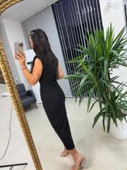 My 3582 Omuz Vatkalı Siyah Bağlamalı Elbise