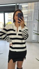 Beyaz Siyah Çizgili Kazak