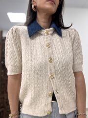 Pi 2723 Saç Örgü Denim Yaka Taş Hırka