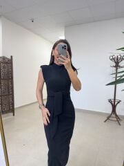 My 3582 Omuz Vatkalı Siyah Bağlamalı Elbise