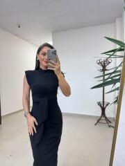 My 3582 Omuz Vatkalı Siyah Bağlamalı Elbise