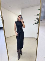 My 3582 Omuz Vatkalı Siyah Bağlamalı Elbise