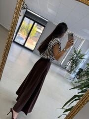 Nx 4874 Kahve Çizgili Gömlek Detaylı Kemerli Elbise