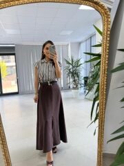 Nx 4874 Kahve Çizgili Gömlek Detaylı Kemerli Elbise