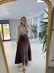 Nx 4874 Kahve Çizgili Gömlek Detaylı Kemerli Elbise