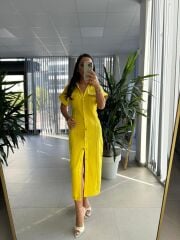 Sv Gold Düğme Detaylı Sarı Denim Elbise