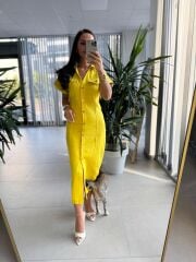 Sv Gold Düğme Detaylı Sarı Denim Elbise