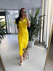 Sv Gold Düğme Detaylı Sarı Denim Elbise