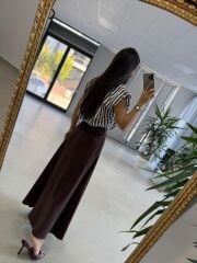 Nx 4874 Kahve Çizgili Gömlek Detaylı Kemerli Elbise