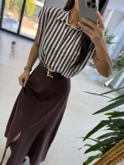 Nx 4874 Kahve Çizgili Gömlek Detaylı Kemerli Elbise