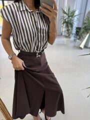 Nx 4874 Kahve Çizgili Gömlek Detaylı Kemerli Elbise