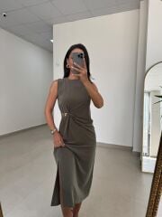 Kk 4240 Tensel Broş Detaylı Haki Elbise