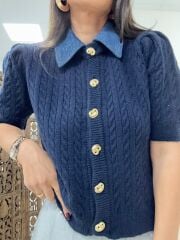 Pi 2723 Saç Örgü Denim Yaka Laci Hırka
