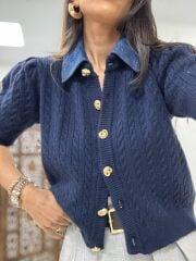 Pi 2723 Saç Örgü Denim Yaka Laci Hırka