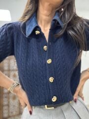 Pi 2723 Saç Örgü Denim Yaka Laci Hırka