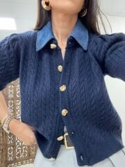 Pi 2723 Saç Örgü Denim Yaka Laci Hırka