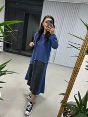 Blue Swaet Dress with Dr Skirt and Denim Detail