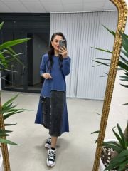 Blue Swaet Dress with Dr Skirt and Denim Detail