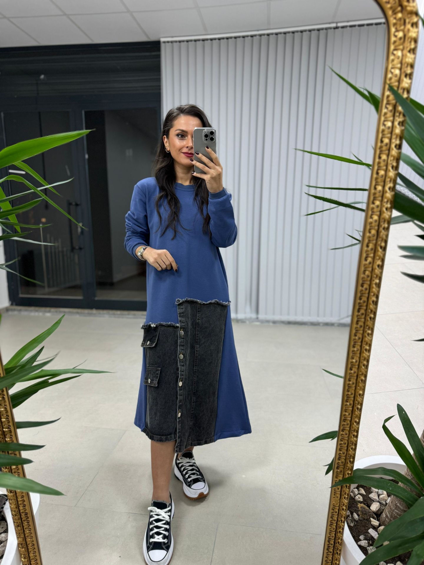 Blue Swaet Dress with Dr Skirt and Denim Detail