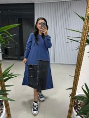 Blue Swaet Dress with Dr Skirt and Denim Detail