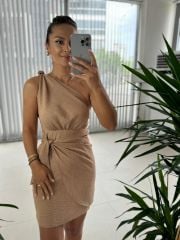 Mc 5871 One Shoulder Knot Detailed Mink Dress