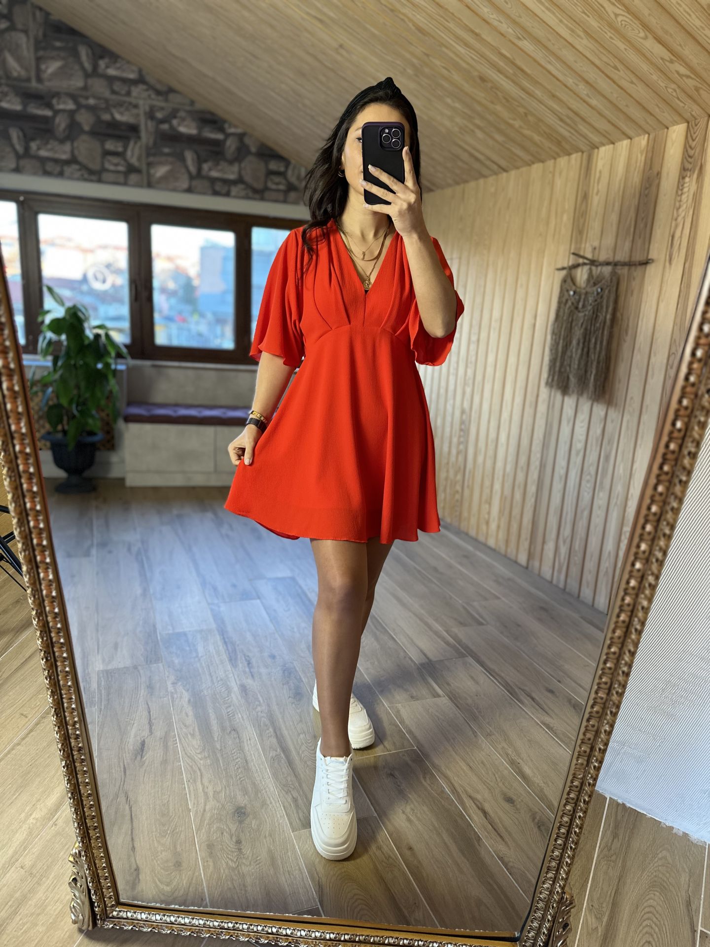 Pomegranate flower shoulder pleated crepe dress
