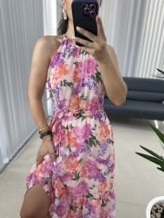 Halter yaka pembe geçişli şifon elbise