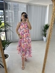 Halter yaka pembe geçişli şifon elbise