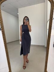 Kk 4240 Tensel Broş Detaylı İndigo Elbise