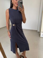 Kk 4240 Tensel Broş Detaylı İndigo Elbise