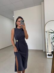 Kk 4240 Tensel Broş Detaylı İndigo Elbise