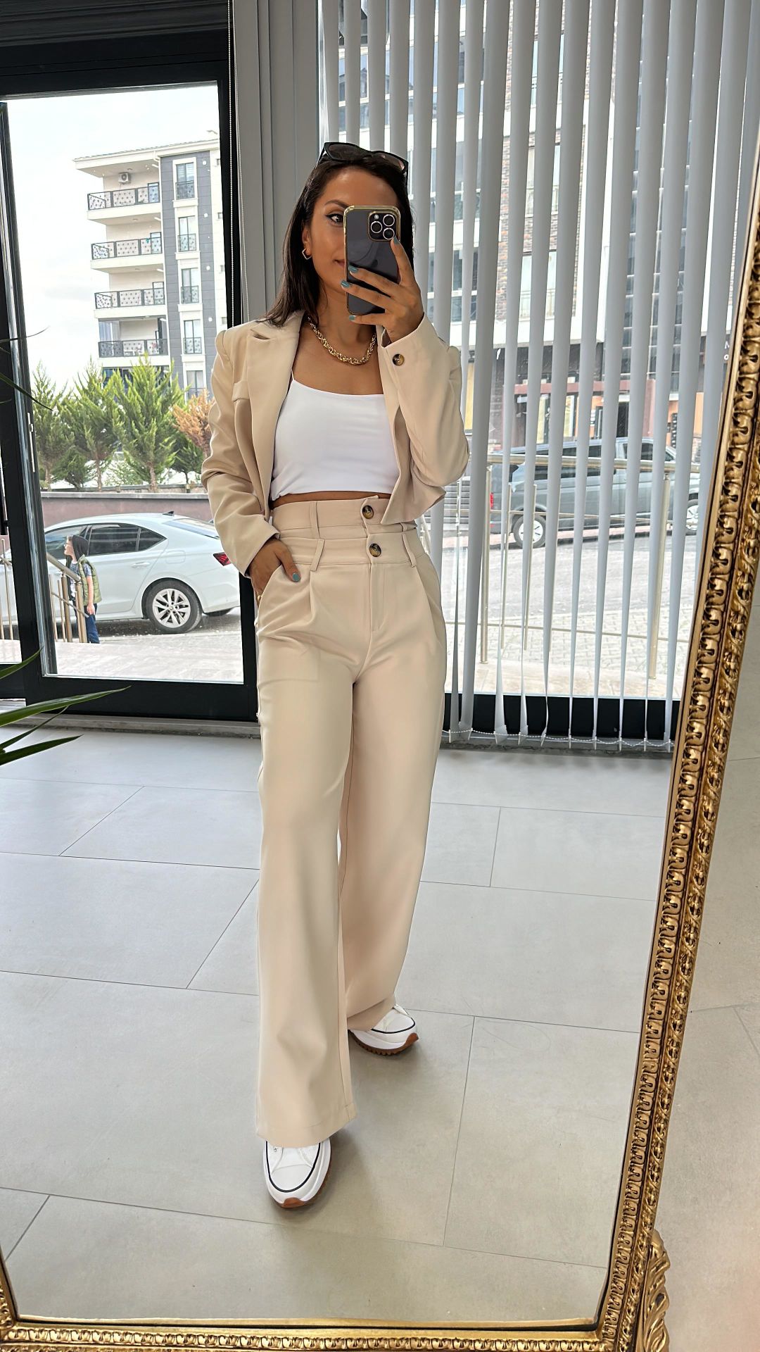 Çift Düğmeli Taş Palazzo Pantolon