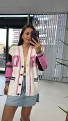 Beyaz Pembe Geçişli Hırka