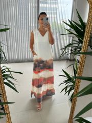Ms Shoulder Pleated V Neck Linen Dress