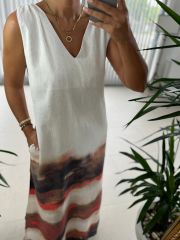 Ms Shoulder Pleated V Neck Linen Dress