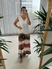 Ms Shoulder Pleated V Neck Linen Dress