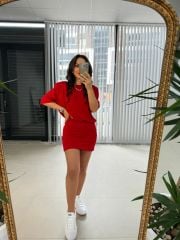 Nw. 4206 Basic Vatkalı Kırmızı Elbise