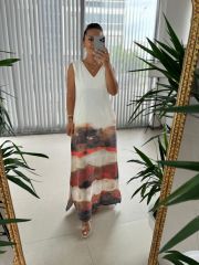 Ms Shoulder Pleated V Neck Linen Dress