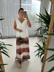 Ms Shoulder Pleated V Neck Linen Dress