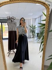 Nx 4874 Siyah Çizgili Gömlek Detaylı Kemerli Elbise