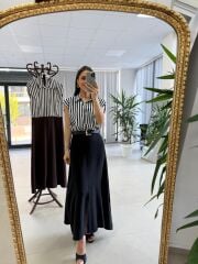 Nx 4874 Siyah Çizgili Gömlek Detaylı Kemerli Elbise