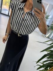 Nx 4874 Siyah Çizgili Gömlek Detaylı Kemerli Elbise