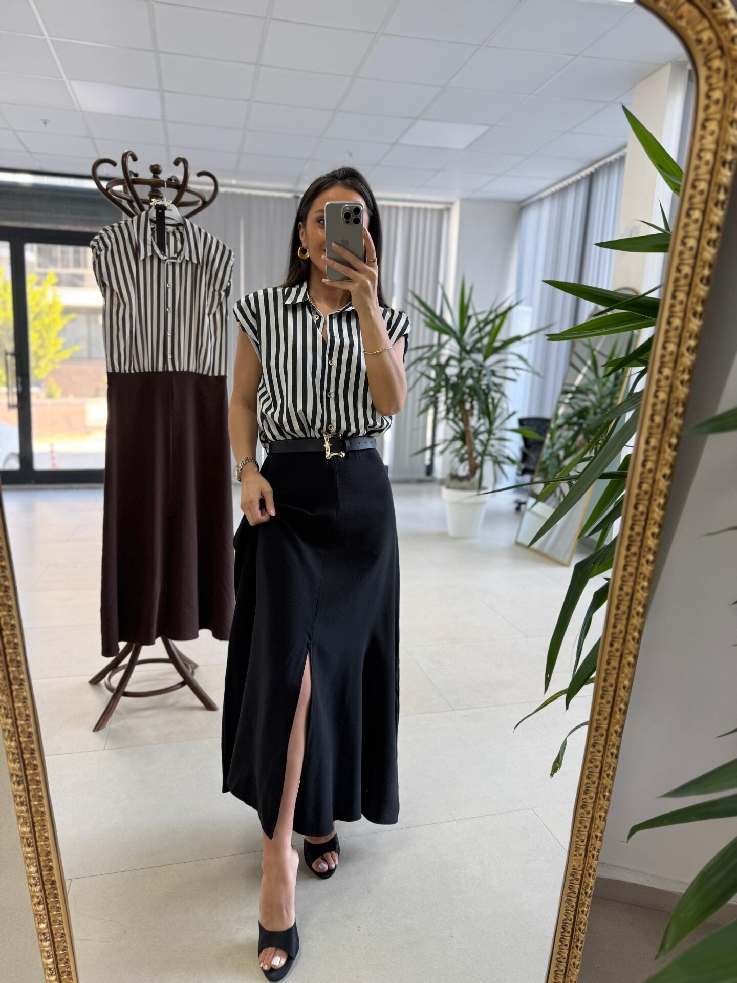 Nx 4874 Siyah Çizgili Gömlek Detaylı Kemerli Elbise