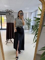 Nx 4874 Siyah Çizgili Gömlek Detaylı Kemerli Elbise