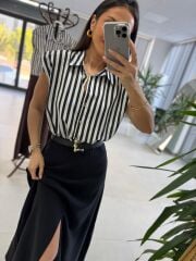 Nx 4874 Siyah Çizgili Gömlek Detaylı Kemerli Elbise