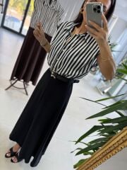 Nx 4874 Siyah Çizgili Gömlek Detaylı Kemerli Elbise